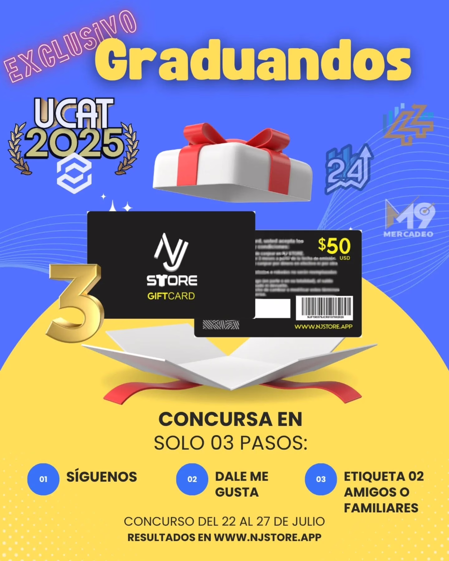¡🎓🎉 ¡Atención graduandos de Mercadeo, Contaduría Pública y Gerencia de Empresas! 🎉🎓
Tenemos un SÚPER SORTEO EXCLUSIVO para ustedes:
🏆 3 Gift Cards de $50 cada una
• 1 para Mercadeo
• 1 para Contaduría Pública
• 1 para Gerencia de Empresas
⏰ Duración
Del martes 22 de julio al domingo 27 de julio a las 11:59 p.m.
📋 ¿Cómo participar?
1. Sigue nuestra cuenta 👉 @nj_store_
2. Dale “Me gusta” a esta publicación ❤️
3. Comenta mencionando a 2 amigos o familiares 👥👥
🎲 Selección de ganadores
• Sorteo aleatorio con app especializada
• Hora: Lunes 28 de julio de 2025, 6:00 p.m.
• El ganador y video del sorteo será mostrado en www.njstore.app
🔒 Protección de datos
Tus datos se usarán solo para este concurso y no se compartirán con terceros.
⚖️ Descargo de responsabilidad
Concurso no patrocinado ni gestionado por Instagram.
👇 ¡Etiqueta, participa y gana! 👇